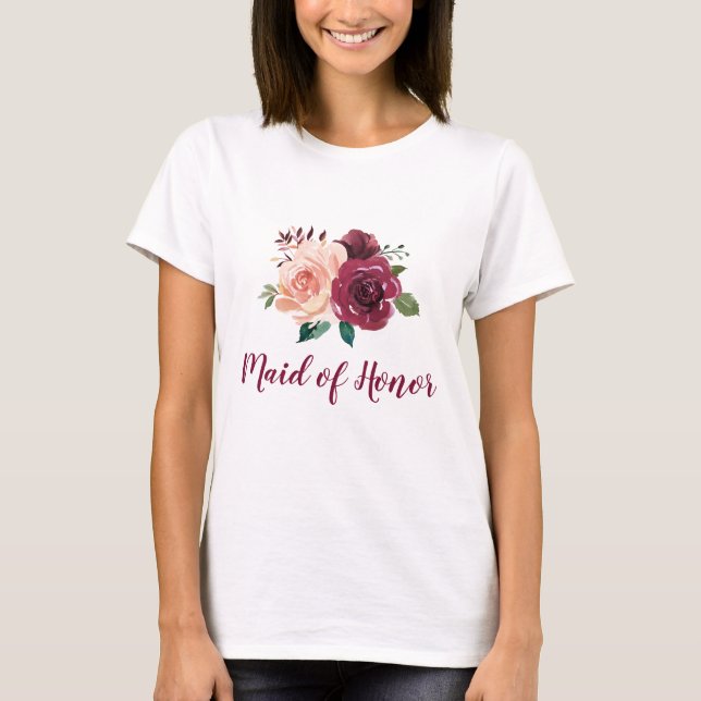 Maid of Honour Floral Blush Pink Burgundy Rose T-Shirt (Front)