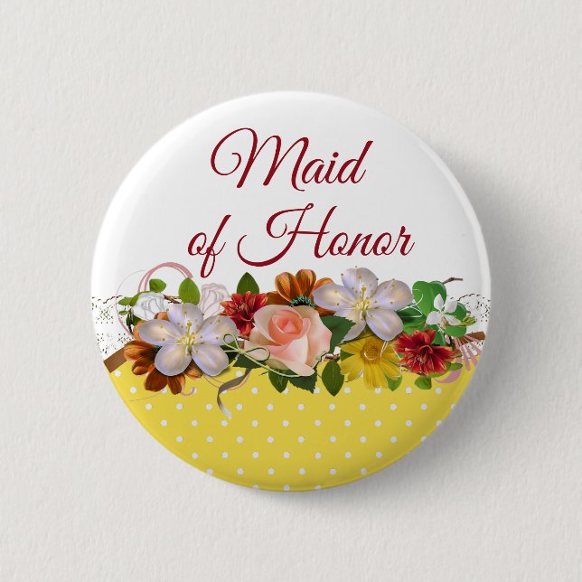 Maid of Honour Floral Bouquet Wedding Button (Front)