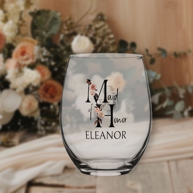 Maid of Honour Floral Letter Bridal Party Wedding Stemless Wine Glass (Bridal party gift to personalize for your Maid of Honor)
