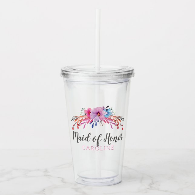 Maid Of Honour Floral Personalised Acrylic Tumbler (Front)