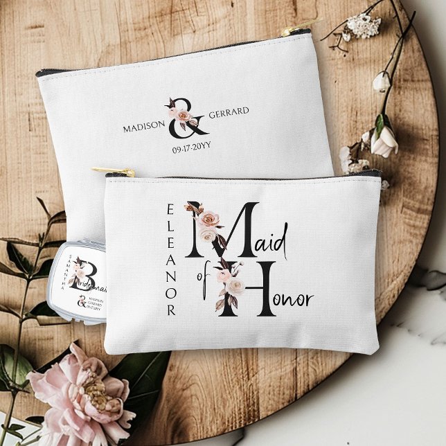 Maid of Honour Flower Letter Boho Floral Custom Accessory Pouch (Bridal party gift to personalize for your maid of honor)