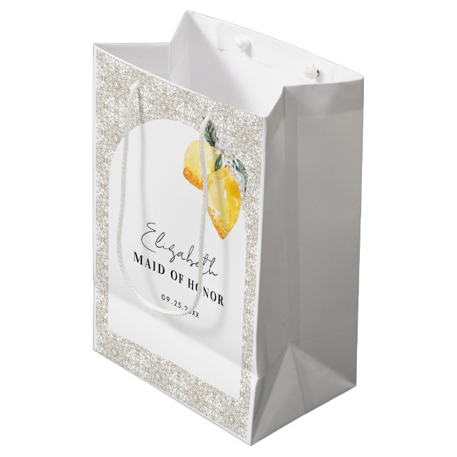 Maid of Honour Gift Bag with Watercolor Lemons Nam (Front Angled)