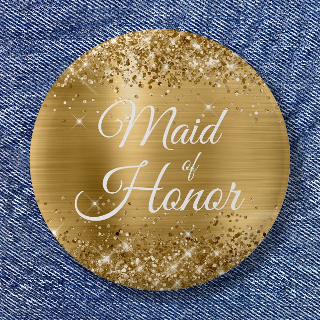 Maid of Honour Glittery Gold Foil 6 Cm Round Badge (Maid of Honor Glittery Gold Foil Button)