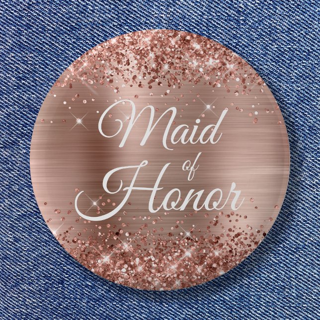 Maid of Honour Glittery Rose Gold Foil 6 Cm Round Badge (Maid of Honor Glittery Rose Gold Foil Button)
