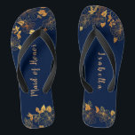 Maid of Honour Gold Foliage Navy Blue Flip Flops<br><div class="desc">These gorgeous gold foliage navy blue maid of honour flip flops have a dark blue background that is adorned with an intricate gold floral greenery pattern and customisable modern typography. The combination of the rich navy and the shimmering gold create an elegant and luxurious aesthetic. It's a beautiful gift for...</div>