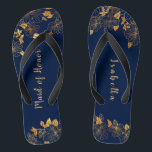 Maid of Honour Gold Foliage Navy Blue Flip Flops<br><div class="desc">These gorgeous gold foliage navy blue maid of honour flip flops have a dark blue background that is adorned with an intricate gold floral greenery pattern and customisable modern typography. The combination of the rich navy and the shimmering gold create an elegant and luxurious aesthetic. It's a beautiful gift for...</div>