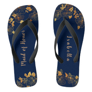 Maid of Honour Gold Foliage Navy Blue Flip Flops