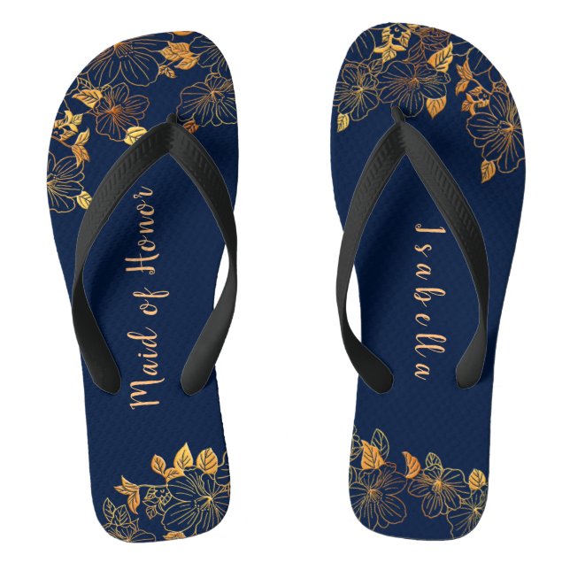Maid of Honour Gold Foliage Navy Blue Flip Flops (Footbed)
