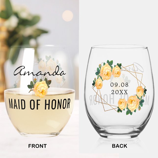 Maid of Honour Gold Glitter Geo Orange Floral Wed Stemless Wine Glass (Maid of Honor Gold Glitter Geo Blue Floral Wedding Stemless Wine Glass)
