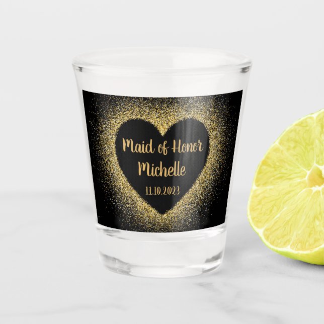 Maid of Honour Gold Heart Name Gifts Wedding Shot Glass (Front)