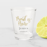 Maid of Honour Gold Script Name Date Typography Shot Glass<br><div class="desc">Your Maid of Honour will be delighted to receive this handy shot glass with its elegant gold script typography for the main header and you can easily personalise her name and your wedding date to make it extra special.</div>