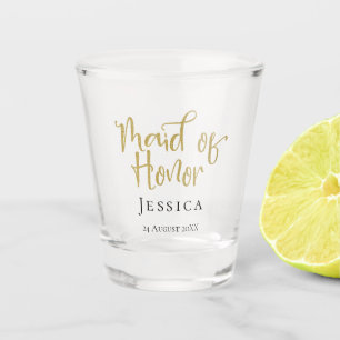 Maid of Honour Gold Script Name Date Typography Shot Glass