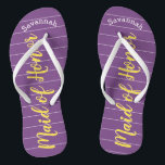 Maid of Honour Golden Yellow and Purple Flip Flops<br><div class="desc">Golden Yellow White Stripes Pattern - Change to Any Colour by clicking customise. And say anything you want. Make these one of a kind flip flops that have YOUR message on them. Be the talk of the beach! Personalised with your name or whatever and title or your text here. You...</div>