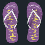 Maid of Honour Golden Yellow and Purple Flip Flops<br><div class="desc">Golden Yellow White Stripes Pattern - Change to Any Colour by clicking customise. And say anything you want. Make these one of a kind flip flops that have YOUR message on them. Be the talk of the beach! Personalised with your name or whatever and title or your text here. You...</div>