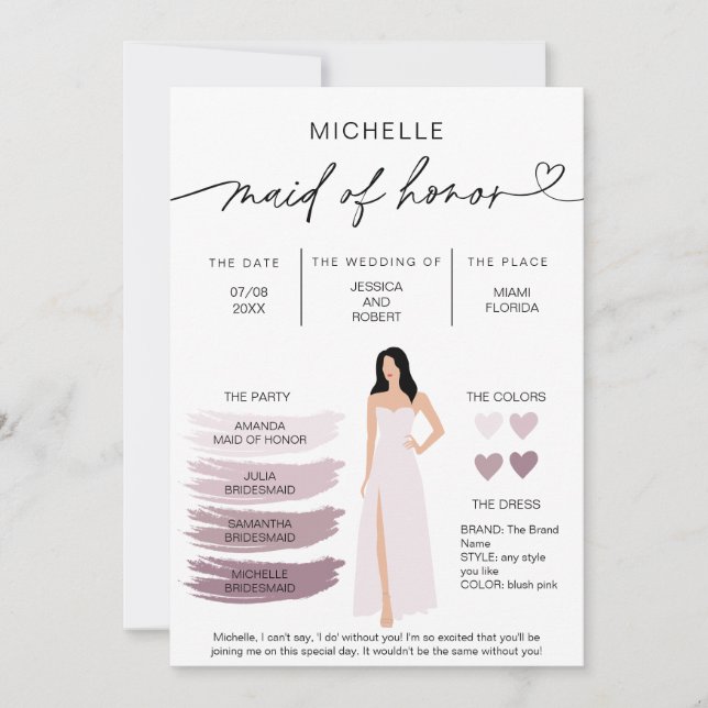Maid of Honour Info Card Bridal Party Information (Front)