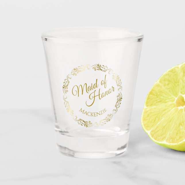 Maid of Honour Lacy Gold Border Wedding Favour Shot Glass (Front)