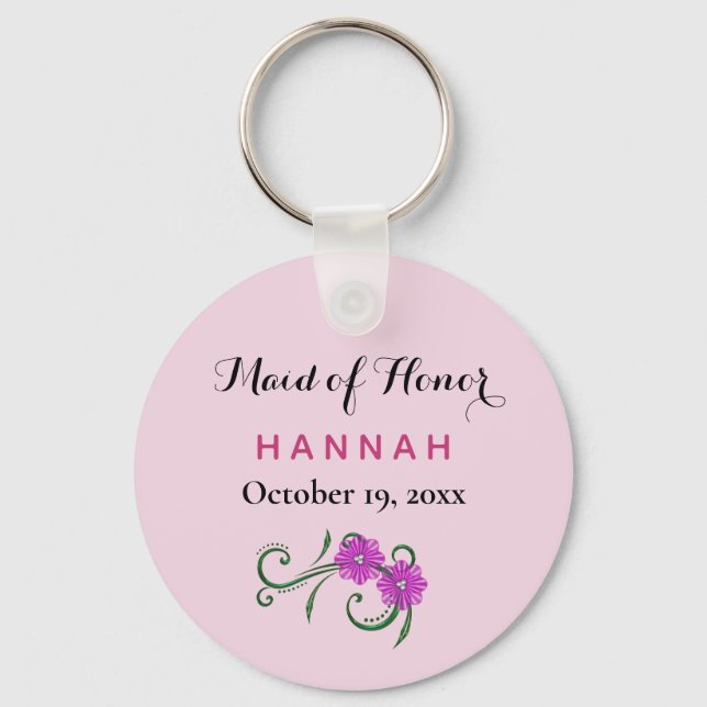 Maid of Honour Modern Typography Pink Wedding Key Ring (Front)