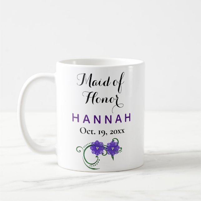 Maid of Honour Modern Typography Purple Wedding Coffee Mug (Left)