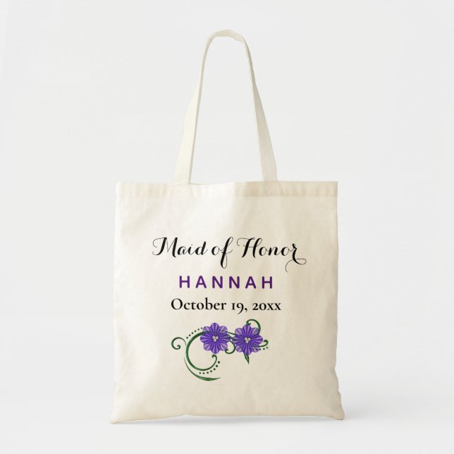 Maid of Honour Modern Typography Purple Wedding Tote Bag (Front)
