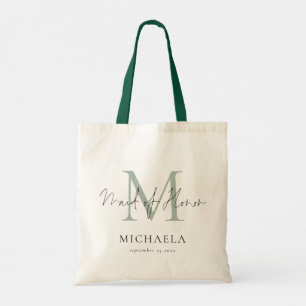 Maid of Honour Monogram Initial Name Script Sage Tote Bag