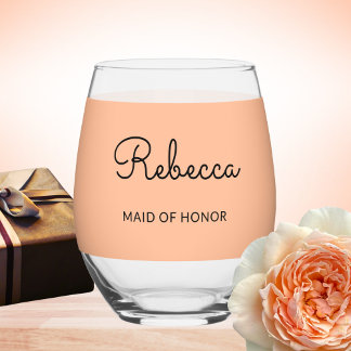 Maid of Honour Monogram Wedding Elegant Chic Peach Stemless Wine Glass