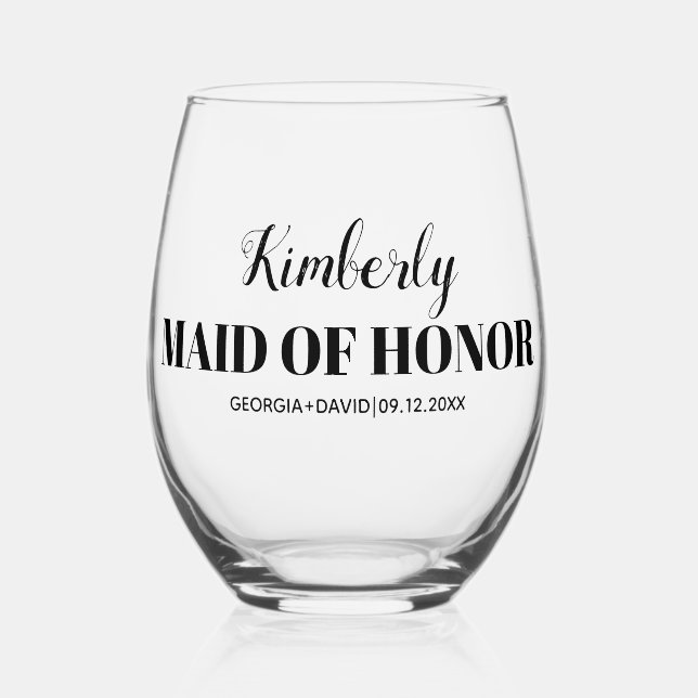 Maid of honour name black  typography wedding stemless wine glass (Front)