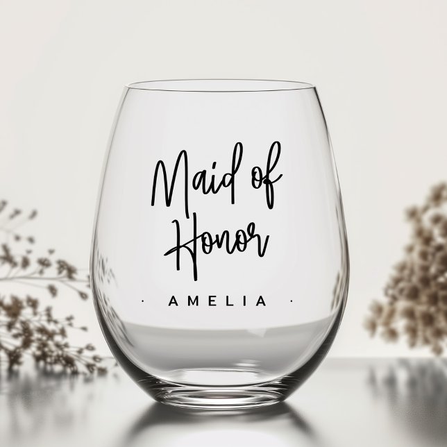 Maid of honour name elegant script stemless wine glass (Maid of honor name elegant script stemless wine glass)