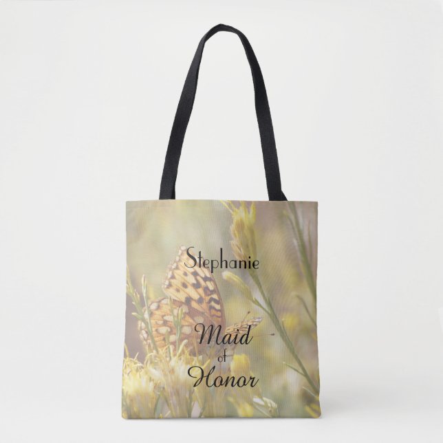Maid of Honour, Name Yellow Butterfly, Bridal Part Tote Bag (Front)
