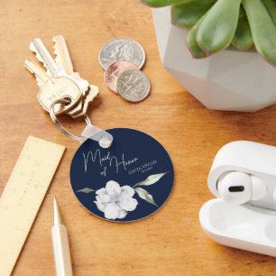 Maid of Honour Navy Blue Floral Wedding Gift Key Ring