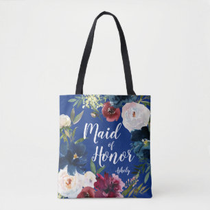 Maid of Honour Navy Burgundy Floral Wreath Tote B