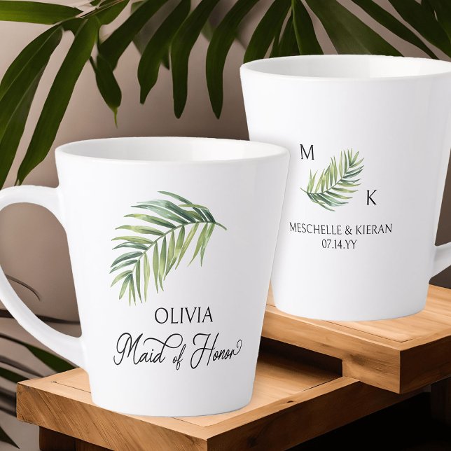 Maid of Honour Palm Leaf Bridal Party Latte Mug (Maid of Honor latte mug with tropical palm leaf and calligraphy)