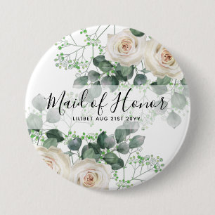 Maid of Honour Personalised White Roses Gifts 7.5 Cm Round Badge