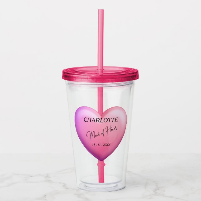 Maid Of Honour Pink Bridal Party Personalised Acrylic Tumbler (Front)