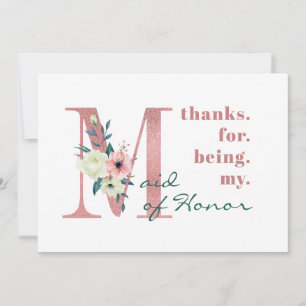 Maid of Honour Pink Floral Letter Wedding Thank You Card