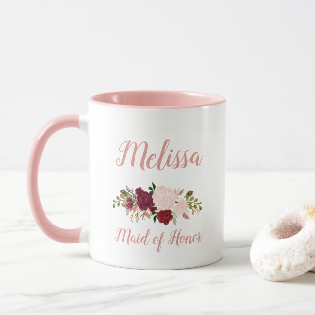 Maid of Honour Pink Marsala Floral Wedding Mug (With Donut)
