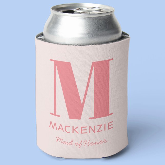 Maid of Honour Pink Monogram Name Can Cooler (Personalize Maid of Honor can cooler)