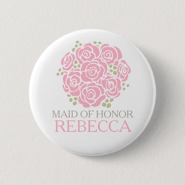 Maid of honour pink posy named wedding pin button (Front)