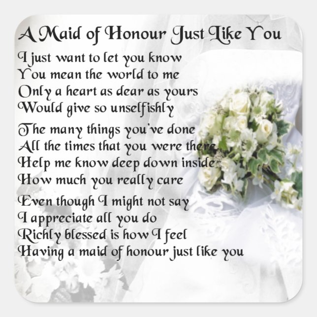 maid of honour poem - Wedding Bouquet design Square Sticker (Front)