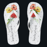 Maid of Honour Polka Dot Floral Flip Flops<br><div class="desc">Black Polka Dots all over  with red and yellow daisy  floral bouquets on the toes,  the words Maid of Honour on the instep that can be removed or changed.  A fun loving beach  or pool sandal for destination weddings.</div>