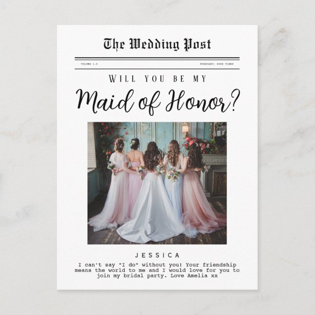 Maid of Honour proposal, Custom Newspaper  Postcard (Front)