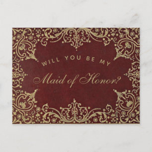 Maid of Honour Proposal Gold Burgundy Red Vintage Postcard