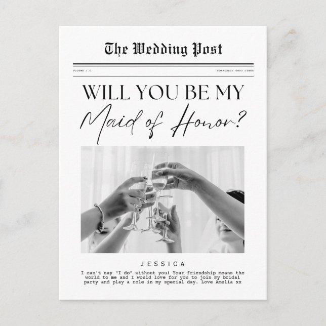 Maid of Honour Proposal, USA Customisable Newspape Postcard (Front)