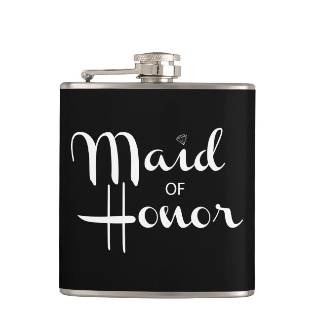Maid of Honour Retro Script White Hip Flask (Front)