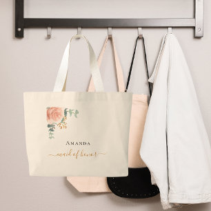 Maid of honour rose gold floral eucalyptus greener large tote bag