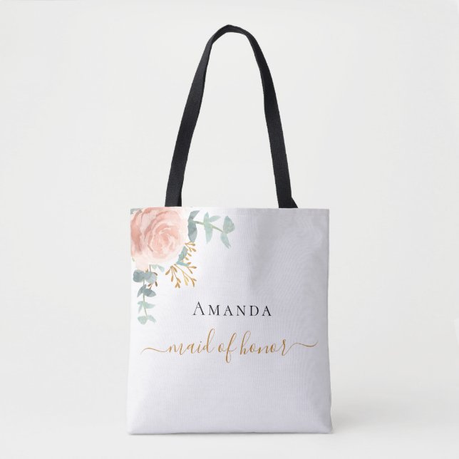 Maid of honour rose gold floral eucalyptus greener tote bag (Front)