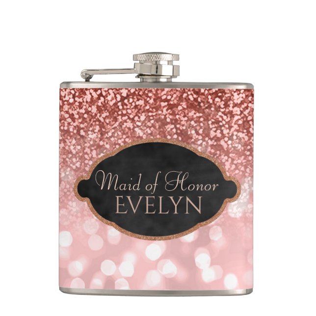 Maid of Honour Rose Gold Glitter Custom Wedding Hip Flask (Front)