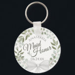 Maid of Honour Rustic Eucalyptus Wreath Wedding Key Ring<br><div class="desc">These keychains are designed to give as a favour or gift for the Maid of Honour in your wedding party. They feature a rustic hand painted watercolor design with a wreath of eucalyptus and foliage in shades of mint, moss, and sage green. The text is written in elegant script letters,...</div>