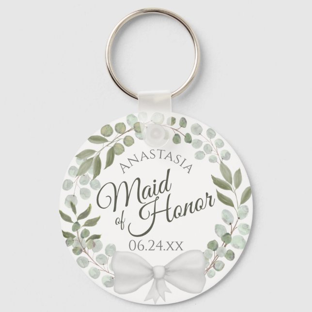 Maid of Honour Rustic Eucalyptus Wreath Wedding Key Ring (Front)