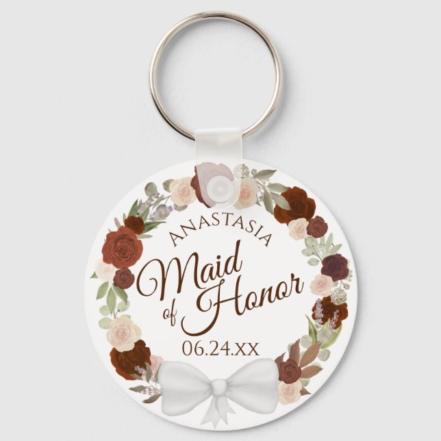 Maid of Honour Rustic Fall Floral Wreath Wedding Key Ring (Front)