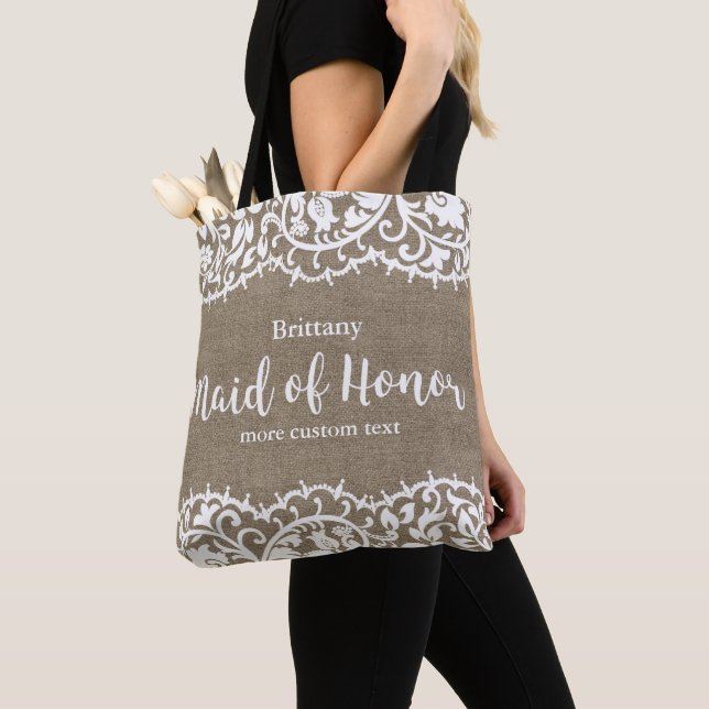 Maid of Honour Rustic Lace Burlap Custom Wedding Tote Bag (Close Up)